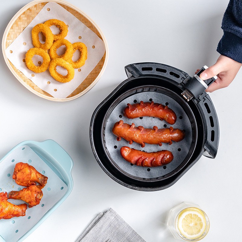 Giấy nến lót nồi chiên không dầu, lót xửng hấp bánh tiện lợi, set 100 tờ đục lỗ (E47)