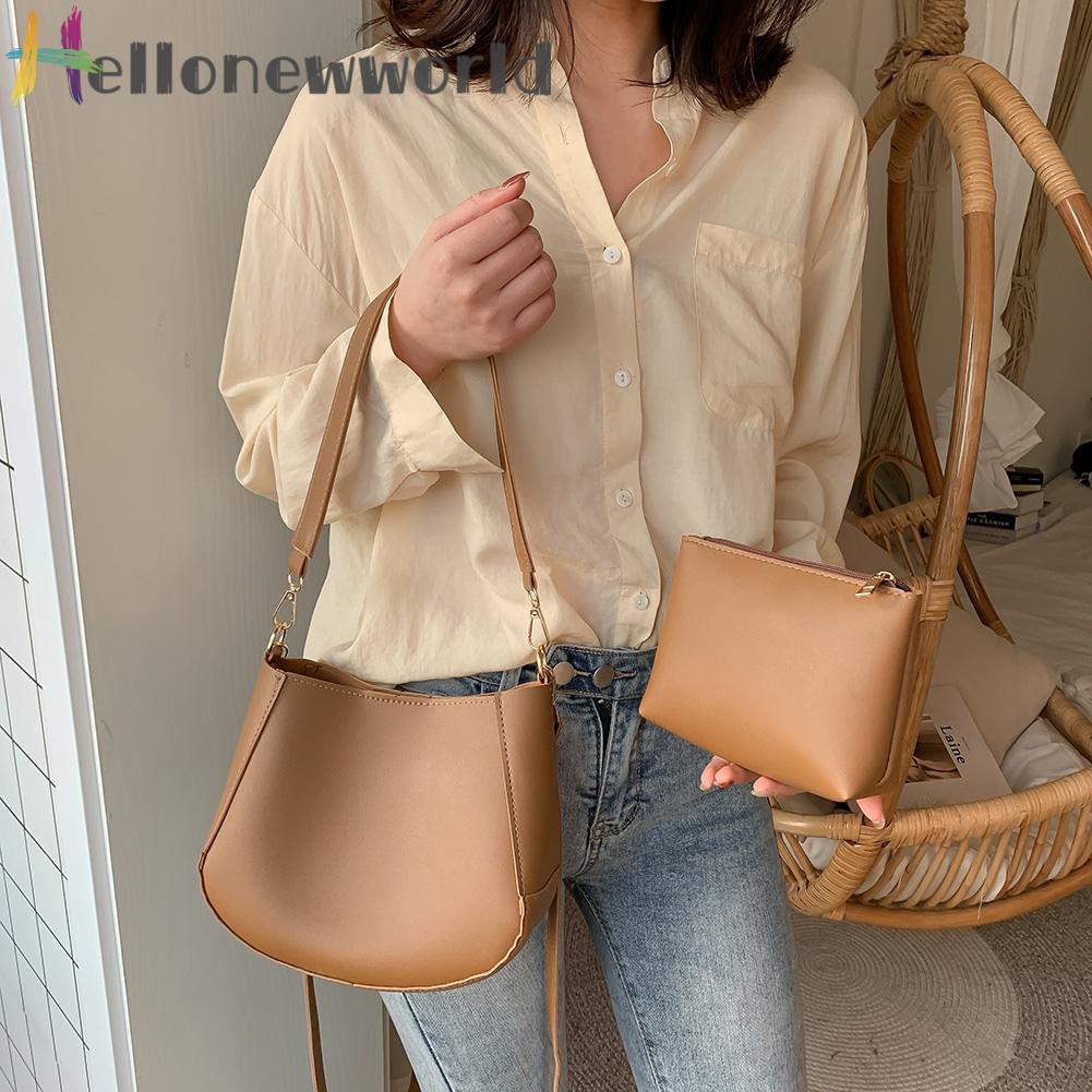 Hellonewworld Women Fashion Leather Shoulder Handbag Solid Color Messenger w/Clutch Bag 