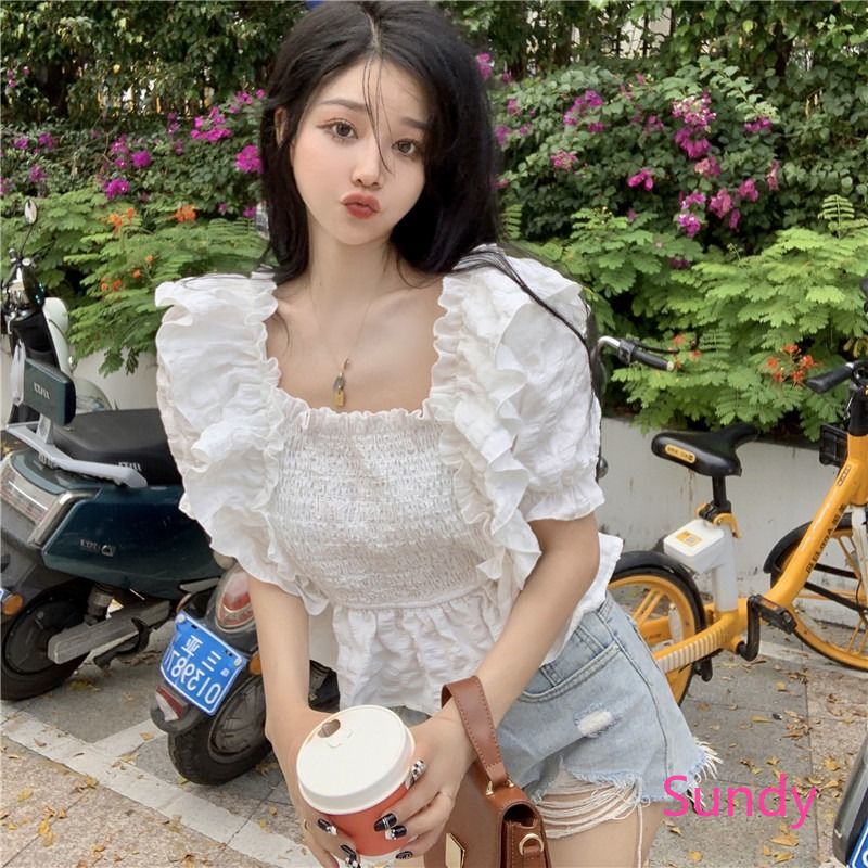 Áo Kiểu Tay Phồng Cổ Vuông Xếp Ly Phong Cách Pháp Thời Trang Hè Cho Nữ