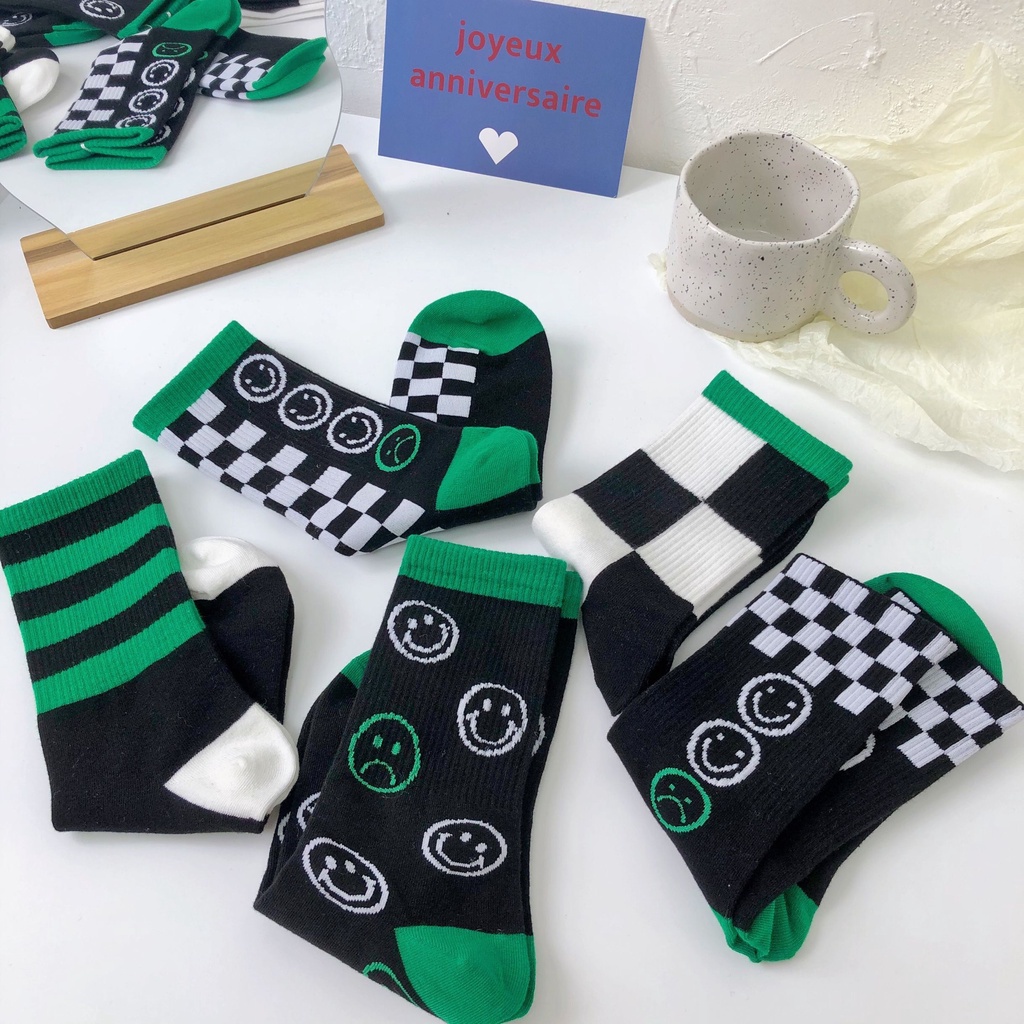 Vớ Cotton Cổ Cao Kẻ Sọc Caro Hình Mặt Cười Phong Cách Nhật Bản Thời Trang Cho Nữ