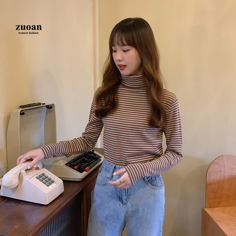 SUXI Áo cổ cao tay dài họa tiết sọc ngang trơn đáng yêu thời trang cho nữ