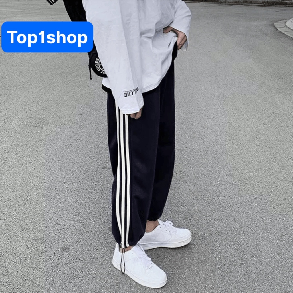 Quần dài ống rộng nam nữ 3 sọc thể dục có rút gấu mặc 2 kiểu ống suông và jogger phong cách trẻ trung năng động