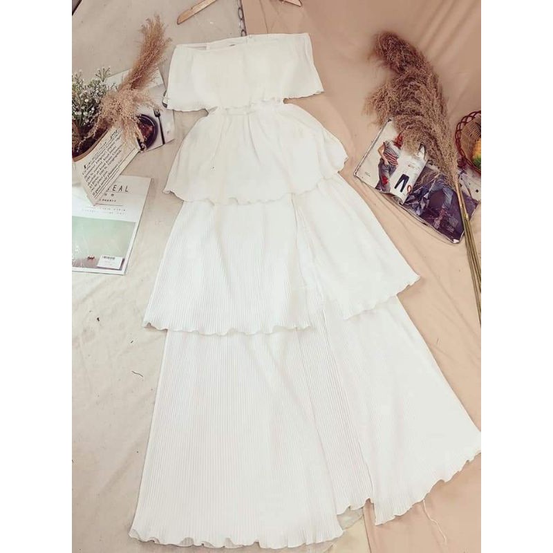 Đầm Maxi Trễ Vai Dập Ly Tầng | BigBuy360 - bigbuy360.vn
