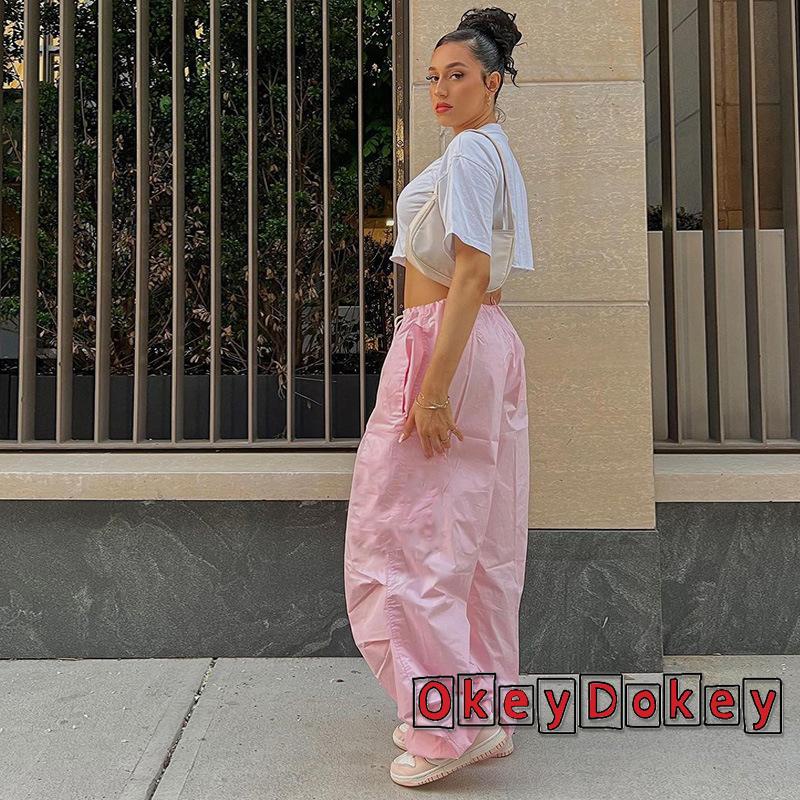 Quần Baggy Lưng Thấp Màu Trơn Phối Dây Rút Thời Trang Harajuku y2k