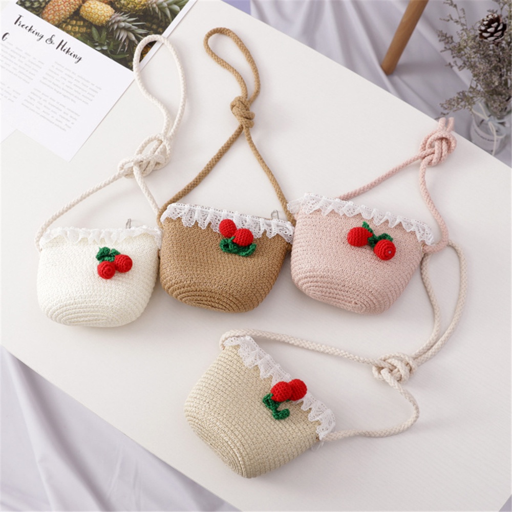 Túi/ mũ cói rộng vành đính quả cherry dễ thương thời trang cho bé gái