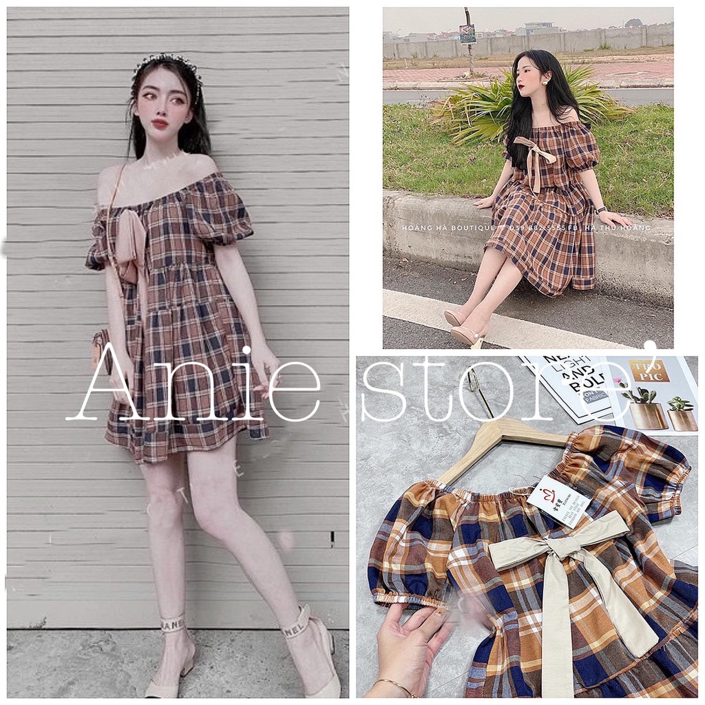 Đầm Nữ Caro Trễ Vai Nơ Ngực 🦋 Váy Nữ Kẻ Ô Dáng Xòe Cộc Tay 🦋