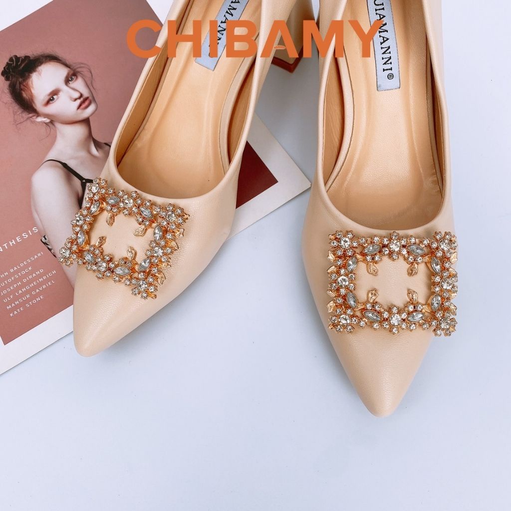 Giày cao gót nữ đính đá 5cm CHIBAMY, gót vuông mũi nhọn chất da mềm mã CG03