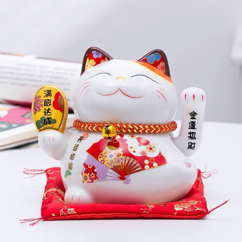 Mèo Thần Tài Sứ , Mèo May Mắn Maneki Neko vẫy tay cao 14cm Vẩy Tay Gọi Khách BÁT PHƯƠNG KHAI TÀI