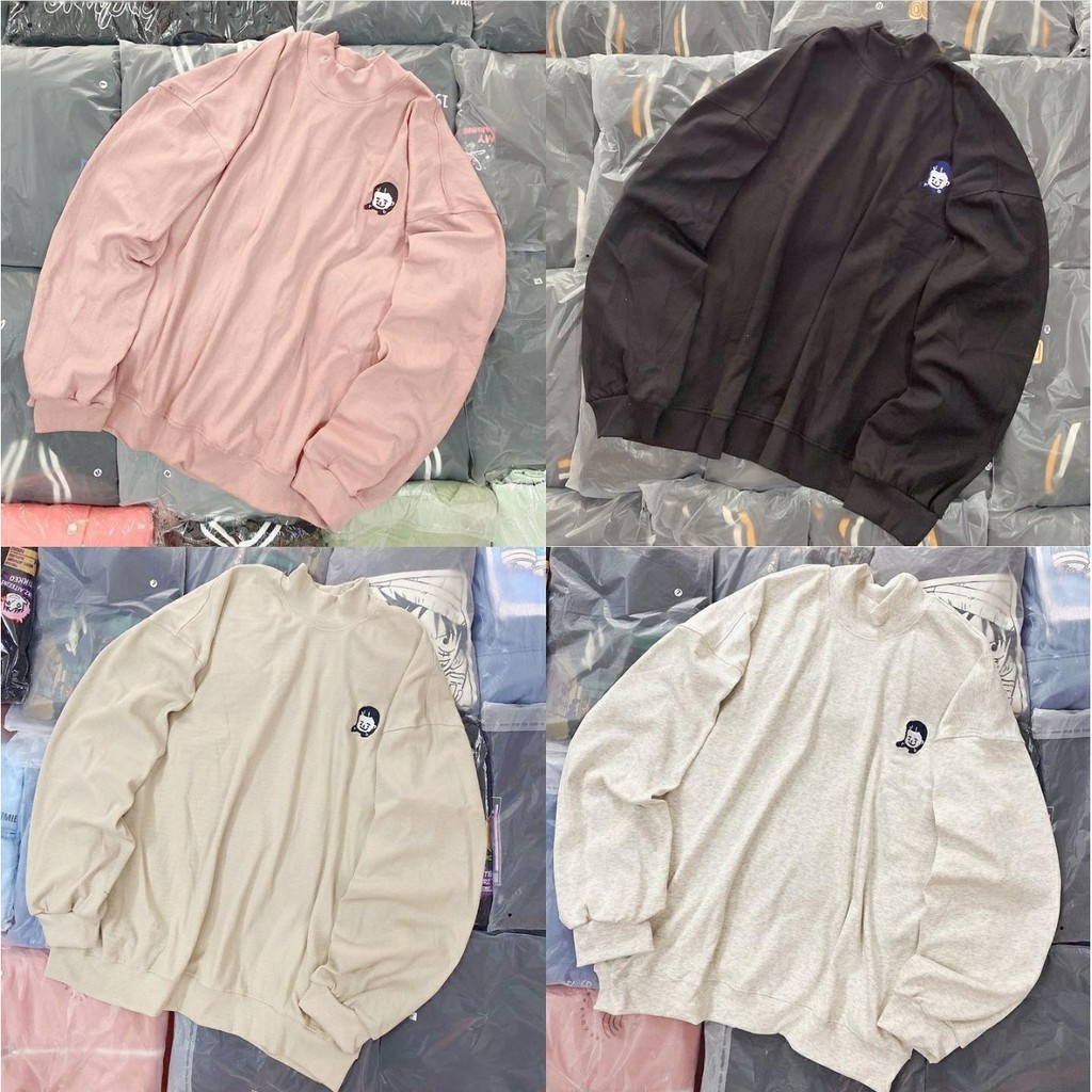 Áo Sweater Cổ Lọ NANASS Thêu Cô Gái Thun Gân Form Rộng Ulzzang (Ánh Thật)