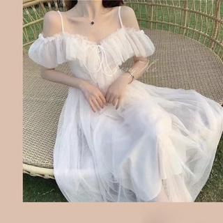 Váy / Đầm voan xòe đi biển hở vai dễ thương chic hai dây bồng bềnh phong cách hàn quốc V00006