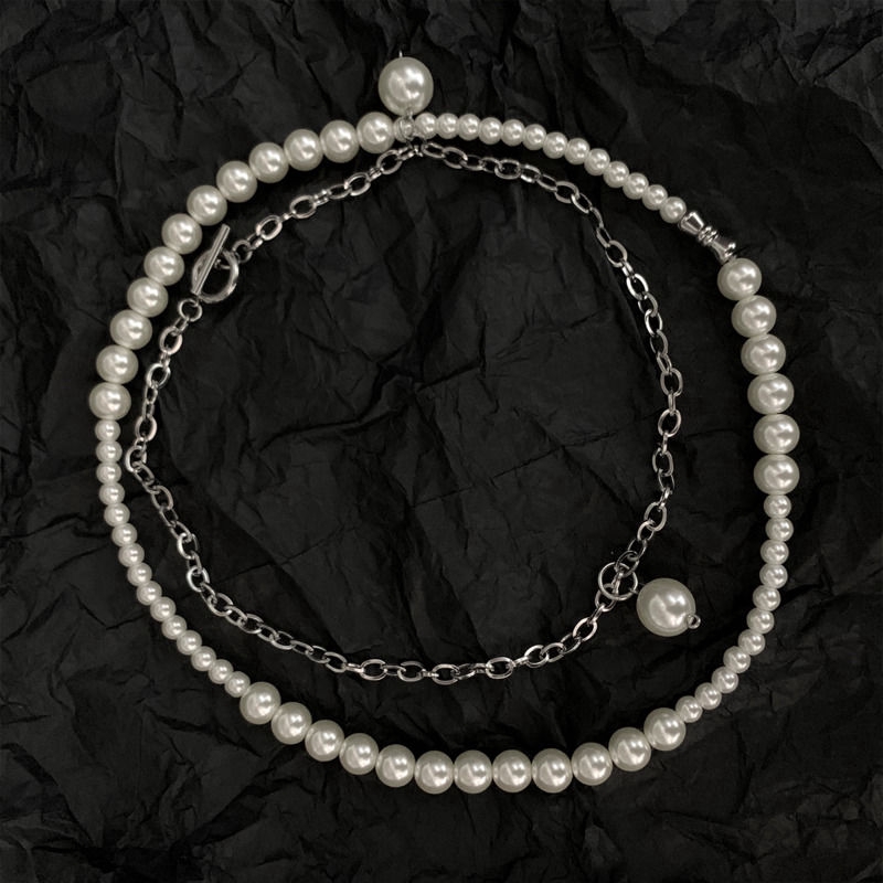 Dây Chuyền Hai Lớp Đính Ngọc Trai Phong Cách Hip Hop