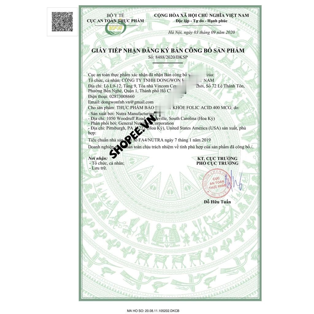 Viên uống Folic Acid 400mcg 250 viên Nature Made - USA