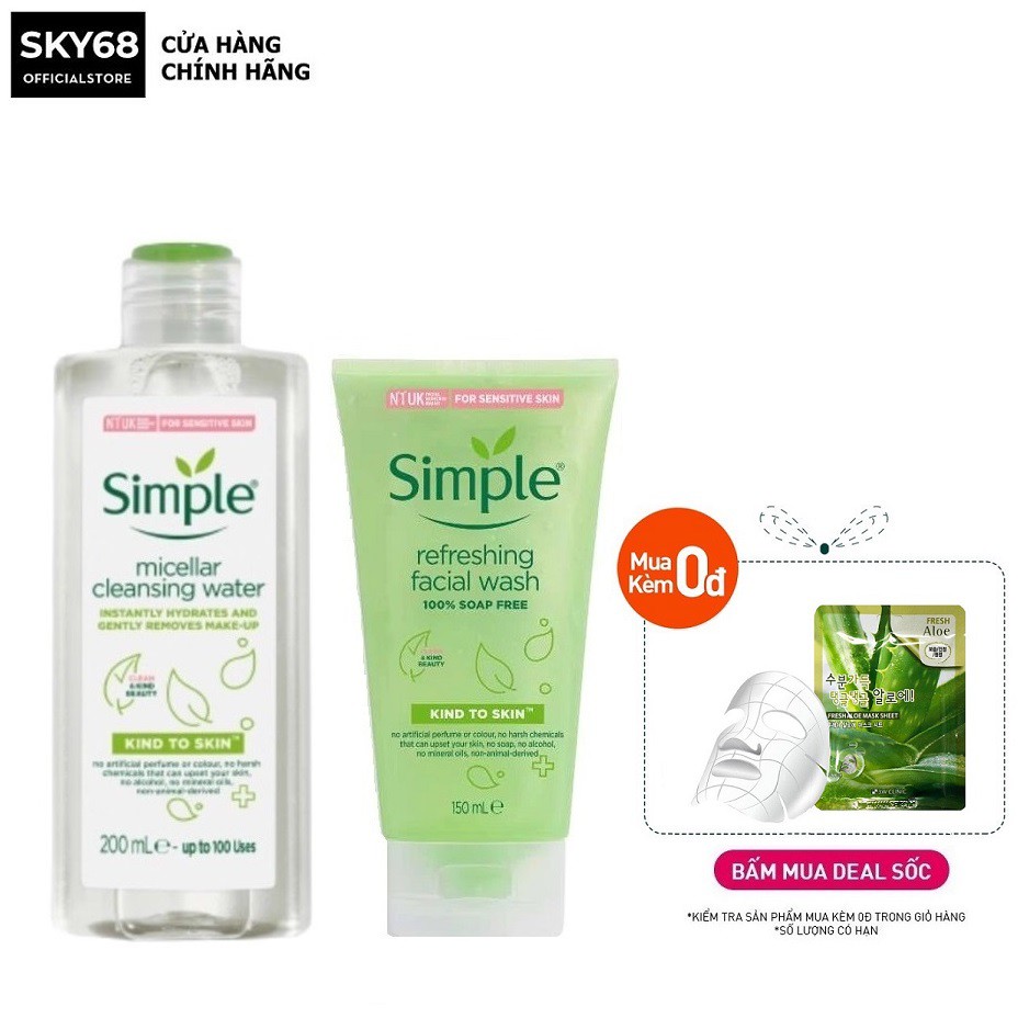 Combo 2 Sản Phẩm Giúp Lấy Đi Hết Bụi Bẩn, Bã Nhờn Và Lớp Trang Điểm Simple Kind To Skin (Tẩy trang 200ml + SRM 150ml)