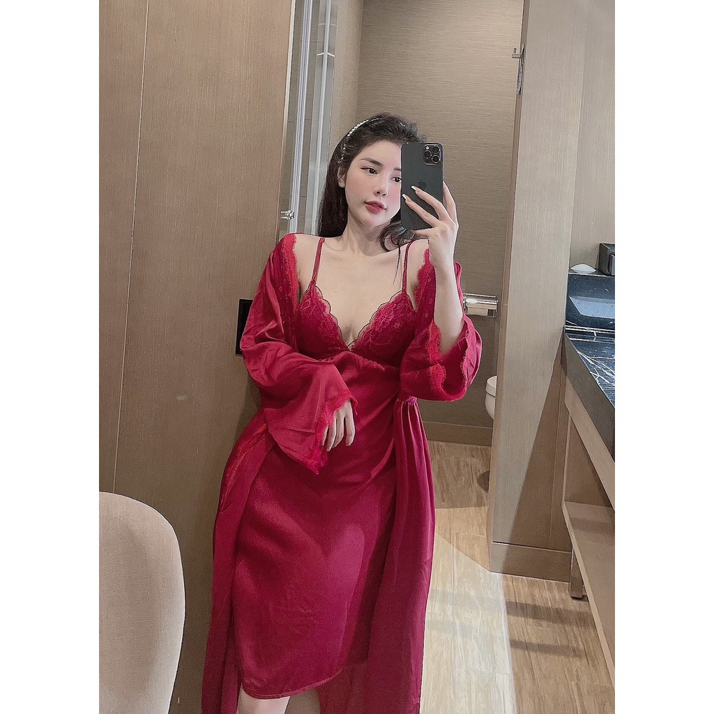 Đầm Ngủ 2 Dây Phối Ren Sexy Kèm Áo Choàng Dài Lụa Cao Cấp Freesize