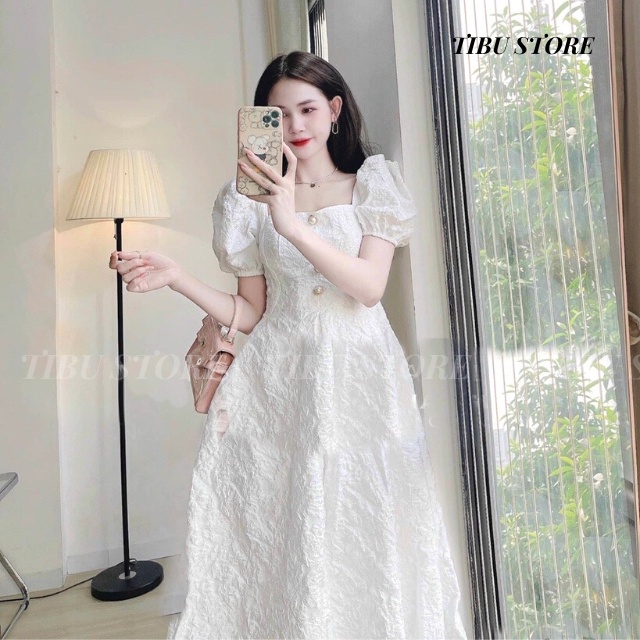 Đầm Dự Tiệc Cổ Vuông Tay Phồng Phối Nút Ulzzang TIBU, Váy Nữ Xoè Dáng Dài Chất Xốp Gấm Cao Cấp Cực Xinh