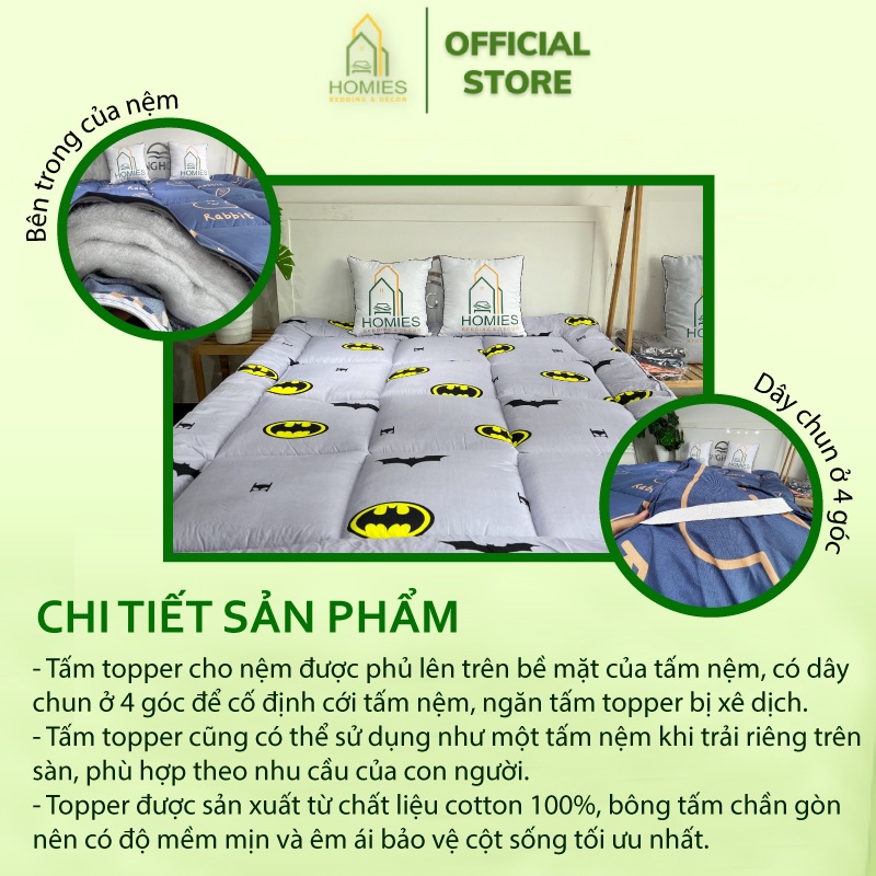Nệm Topper Batman HOMIES Tấm làm mềm đệm cotton Đũi Hàn quốc mới nhất 2020 - Có Chun 4 Góc Cố Định Đệm