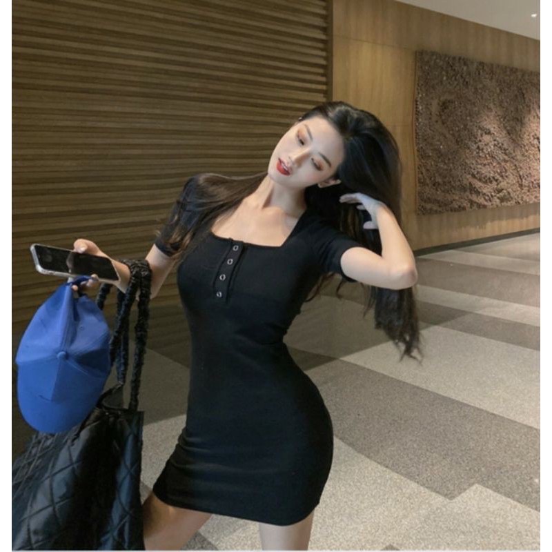 ĐẦM ÔM BODY TAY NGẮN NÚT BẤM CHẤT THUN GÂN SỊN