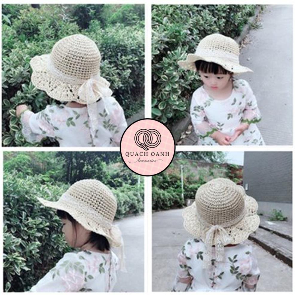MVB0901 Mũ cói mềm, nón cói đi biển nhỏ mẹ và bé vành rộng phối nơ ren phong cách vintage chống nắng – MU39
