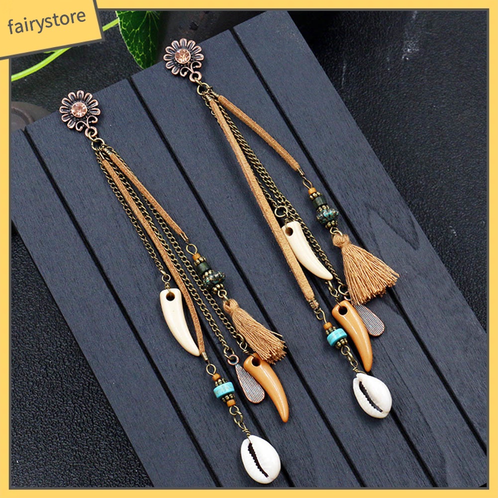 Khuyên Tai Dáng Dài Hình Hoa Hướng Dương Phối Tua Rua Phong Cách Boho