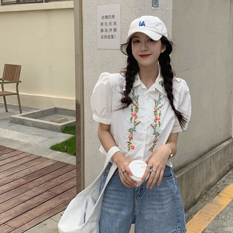 Áo sơ mi thêu hoa phong cách retro Hàn Quốc thiết kế thời trang cho nữ