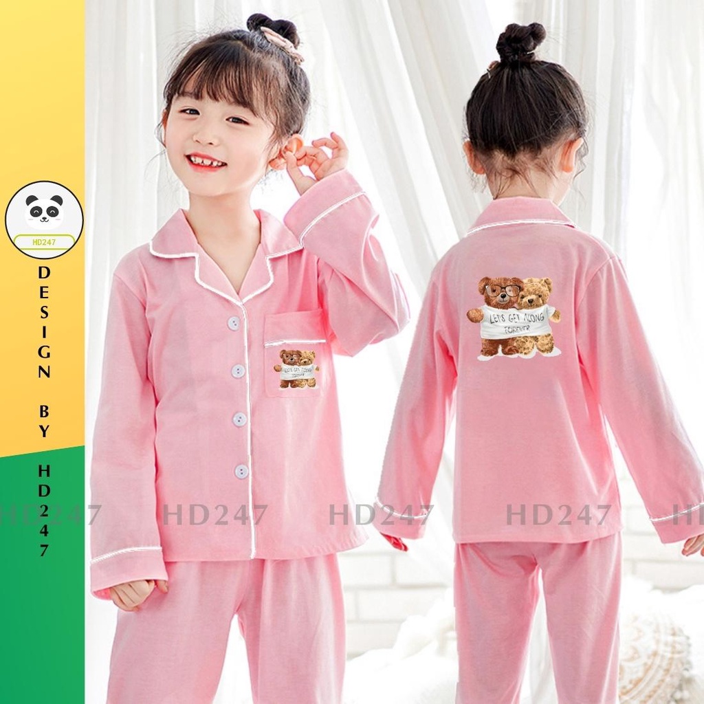 Đồ ngủ bé gái pijama mặc nhà size đại 14 đến 40kg in gấu HD247 0330
