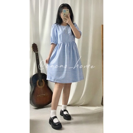 ĐẦM BABYDOLL caro xanh cực xinh vải katê mịn không mỏng tặng kèm scrunchie cùng màu