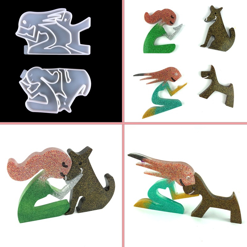 Khuôn Silicone Làm Móc Khóa Bằng Nhựa Epoxy Hình Cô Gái / Chú Chó Hôn Có Lỗ