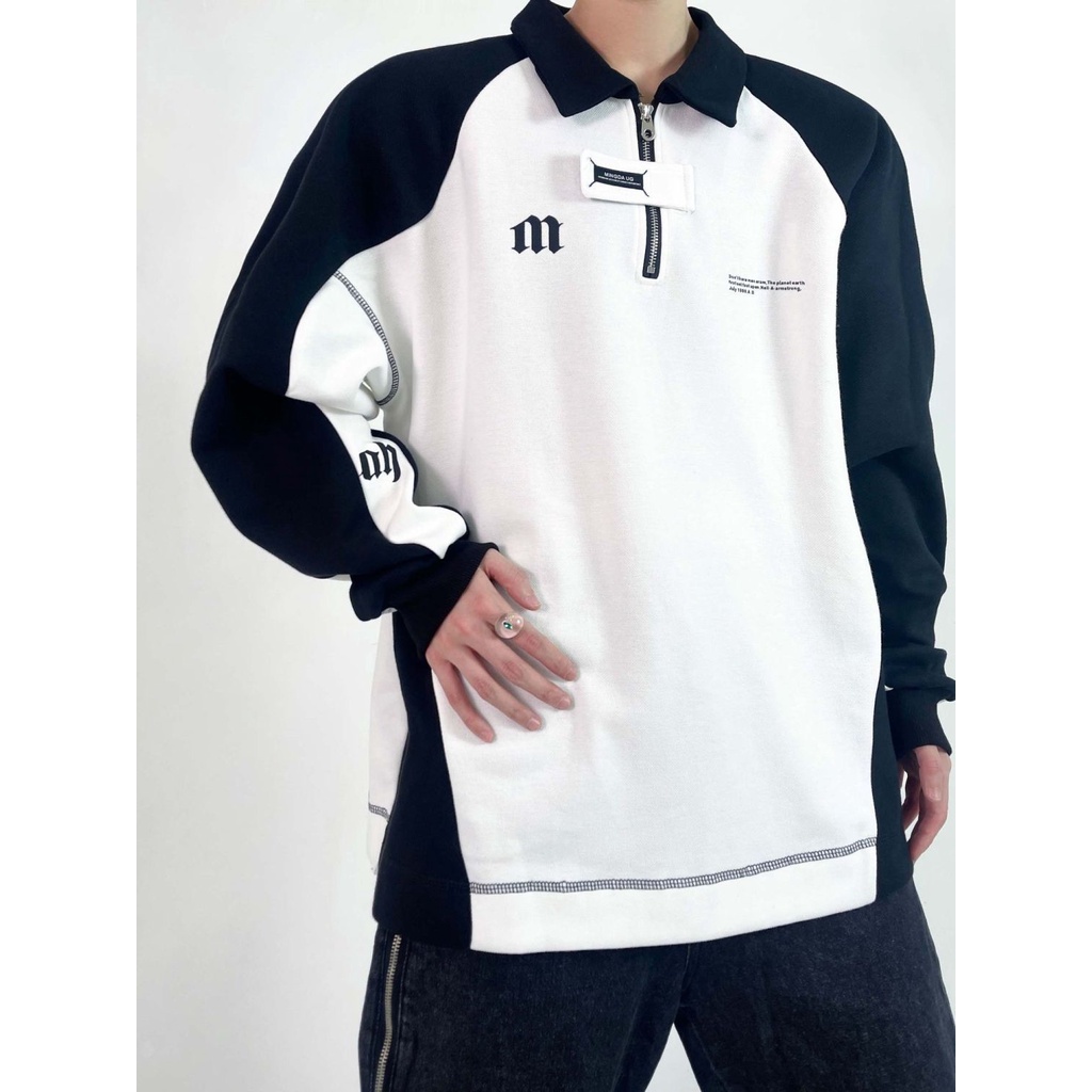 Áo Sweater Polo Dáng Rộng Có Khóa Kéo Nửa Thân Màu Trắng Đen Kiểu Retro Thời Trang Mùa Thu 2022 Cho Cặp Đôi