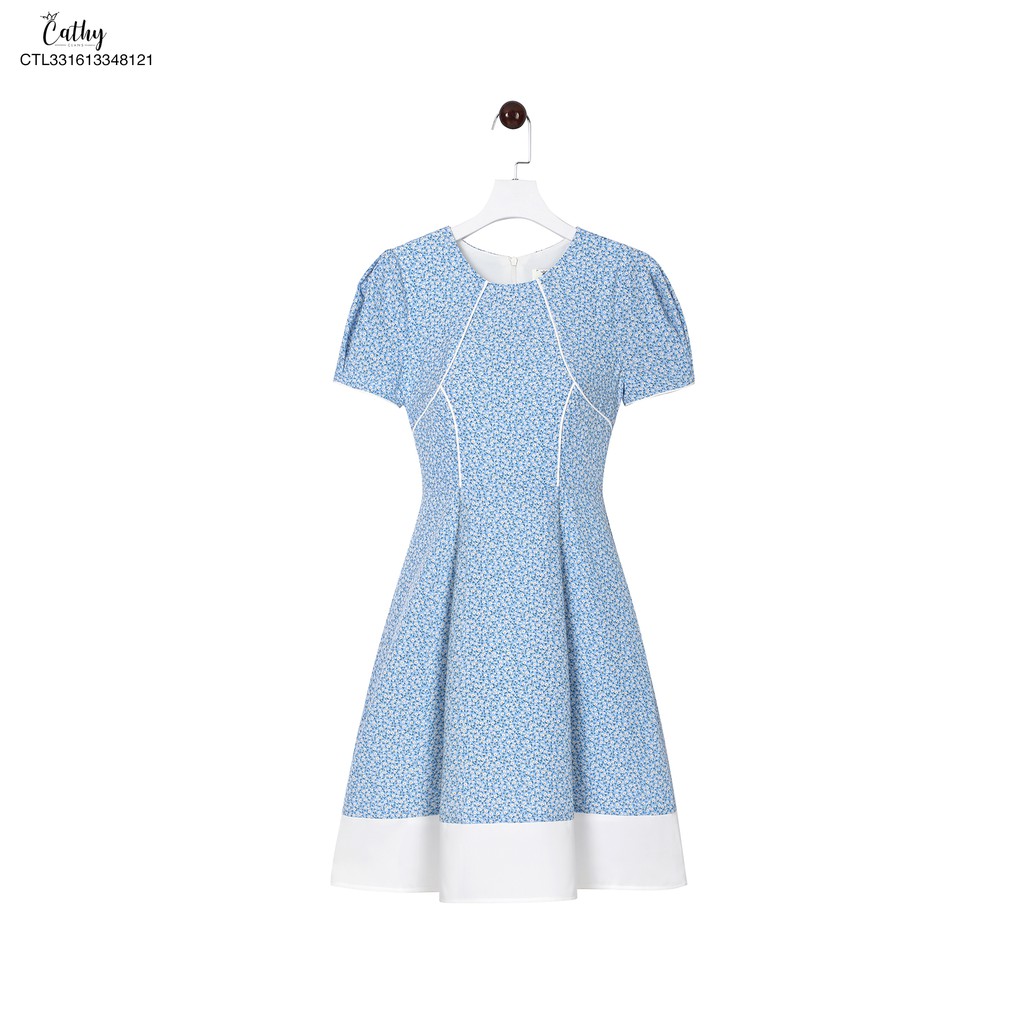Đầm phom A Cathy Clans tùng phối trắng hoa nhí - xanh
