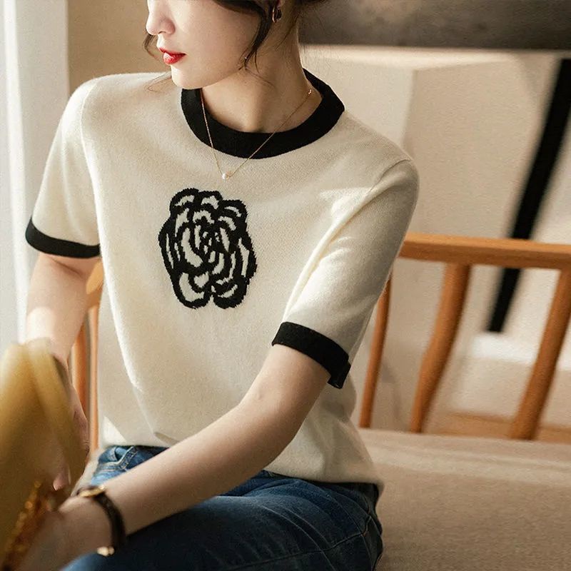 Áo IELGY dệt kim tay ngắn cổ tròn in hình phong cách thanh lịch thời trang cho nữ