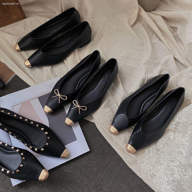 ✴▧2021 early spring new black series Han Dongdaemun pointed round buckle bow rivet single shoes high heels commuter OL