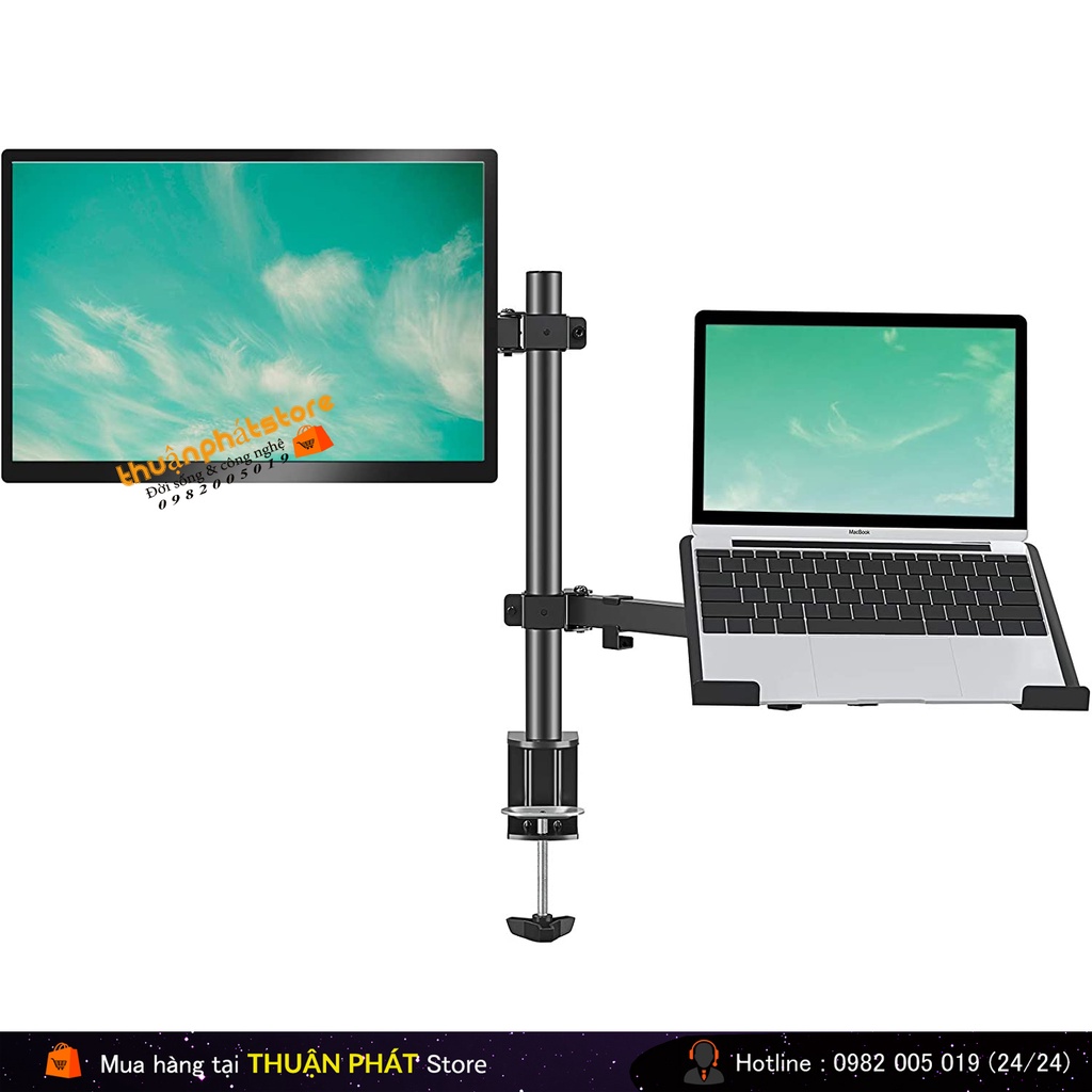 Giá Treo Màn Hình 17-32 Inch Kèm Giá Đỡ Laptop M074  / Tải Trọng 8Kg - Tay 38 Cm  - Lắp Đặt Kẹp Bàn