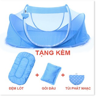 Màn, mùng, nôi chụp cho em bé có nhạc, kèm đệm lót, gối đầu