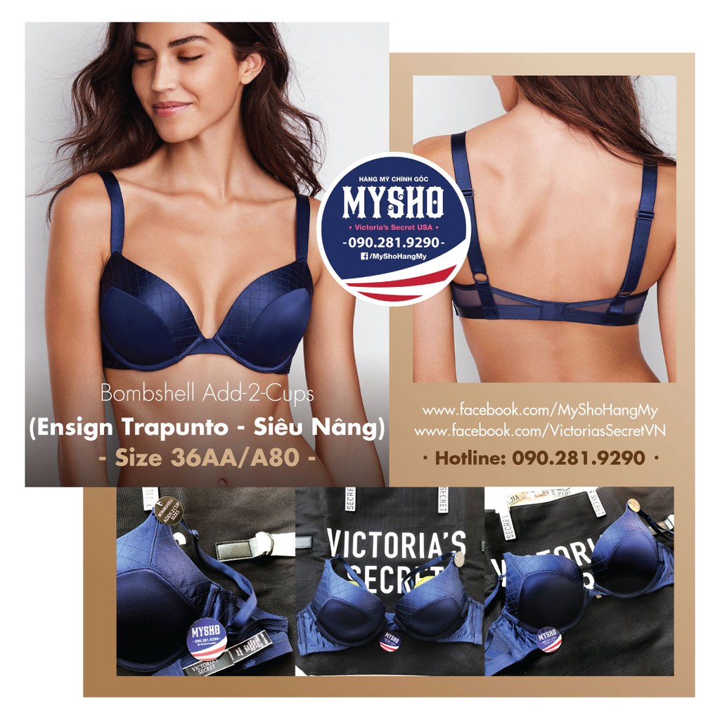 (Bill Mỹ 36AA, A80) - Áo xanh dương, siêu nâng Bombshell Add-2-cups, Ensign Trapunto - Victoria Secret USA | BigBuy360 - bigbuy360.vn