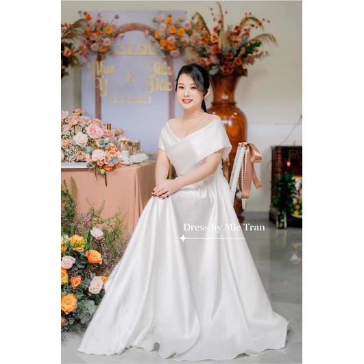 đầm trễ vai xoè- váy cưới đi bàn - đầm thiết kế cao cấp - váy cưới che bụng - weddingdress - vay cuoi mie trần
