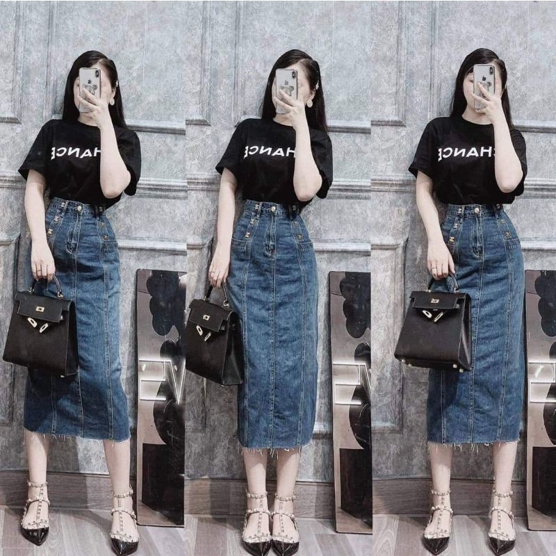Chân váy jeans dài đính chữ x hàng QCL1