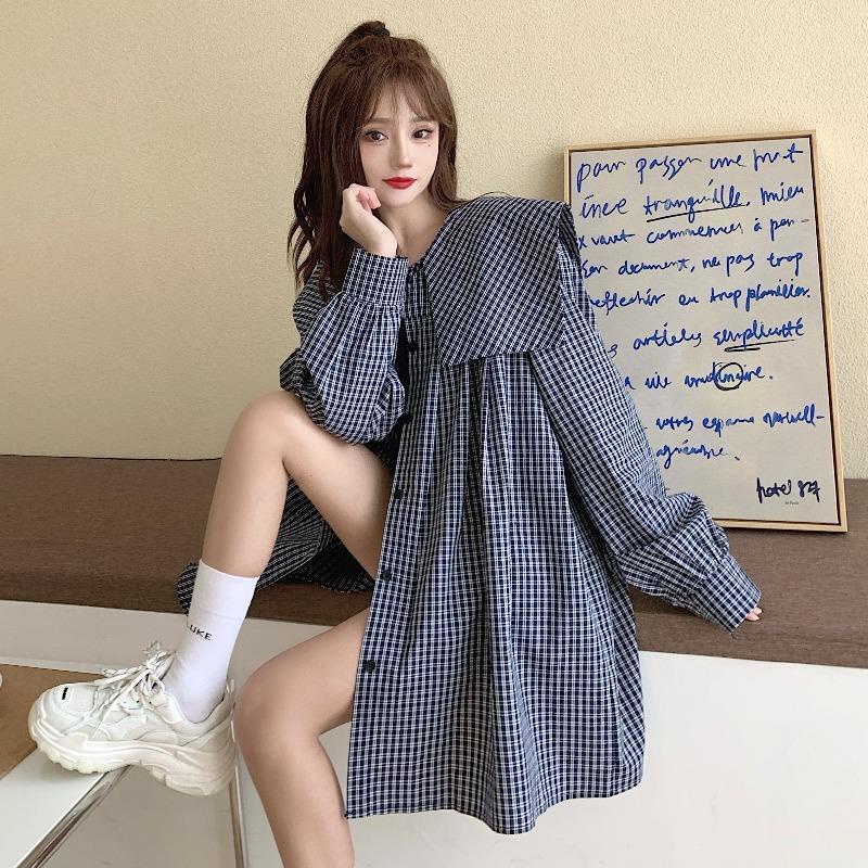 Đầm Búp Bê Tay Dài Cổ Rộng Họa Tiết Sọc Caro Thời Trang Cho Nữ