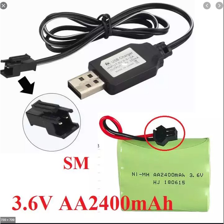 Pin sạc 3.6v Ni-MH AA dùng cho xe điều khiển dung lượng cao 2400mAh cổng nối SM