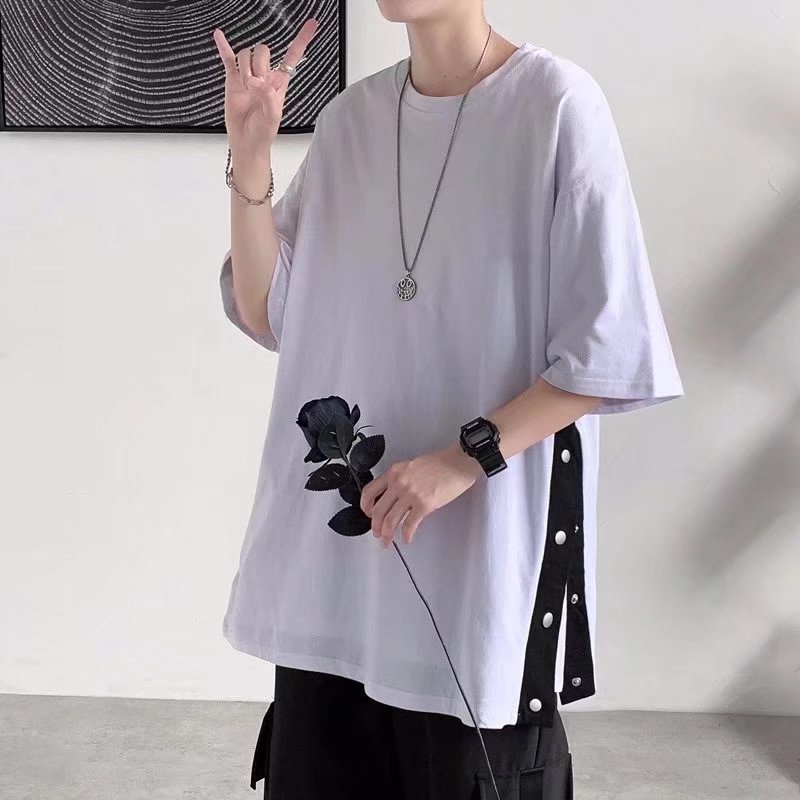 Áo Phông Tay Lỡ Phối Xẻ Tà Cotton 4 Chiều Mát Mẻ,Áo Thun Cổ Tròn Hàng Cúc Bấm Phong Cách Ullzang