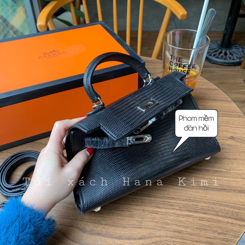 Túi Kelly dáng thấp size 22 vân da kì nhông