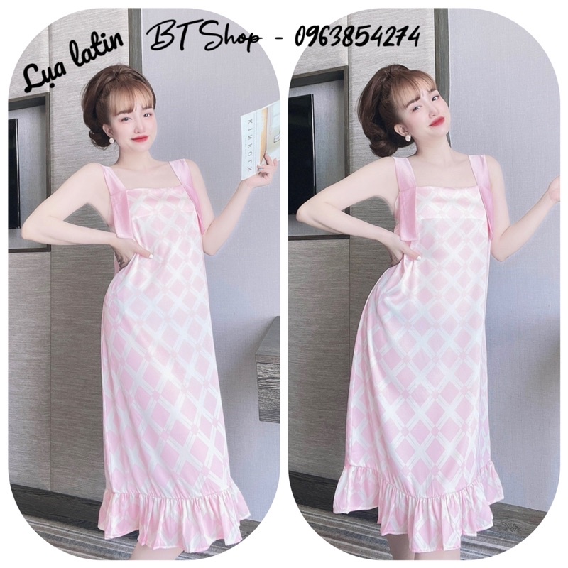 Váy đầm ngủ lụa latin cao cấp 2 dây bảng to đuôi bèo freesize 42-57kg