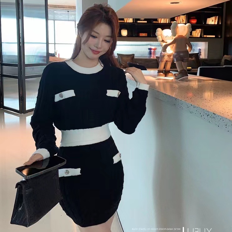 SUXI Bộ Áo Dệt Kim Dài Tay + Chân Váy Mini Thời Trang Hàn Quốc Trẻ Trung