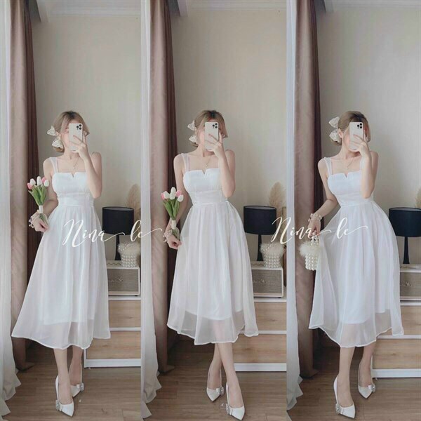 (Ưu Đãi FreeShip) Đầm thiết kế 2 dây đi tiệc,đầm voan 2 lớp có mút,tone trắng sang chảnh diện đi đâu cũng xinh