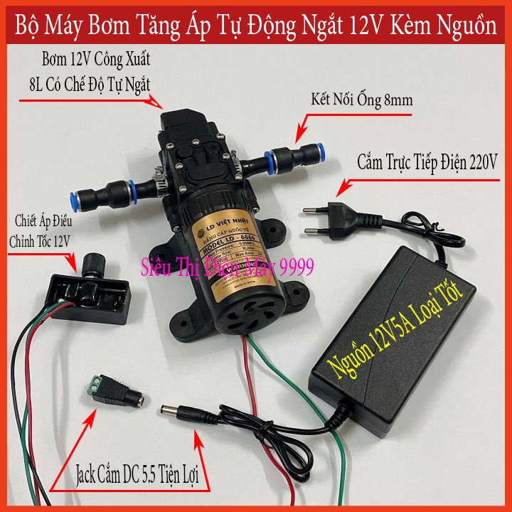 Máy Bơm Nước Mini 12V Tăng Áp Phun Sương, Rửa Xe, Hút Nước Bể Cá