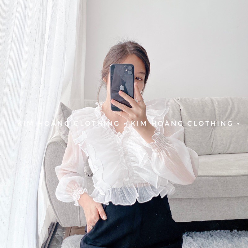 Áo sơ mi tiểu thư nữ bèo nhún kiểu trễ vai tay bồng bánh bèo | BigBuy360 - bigbuy360.vn