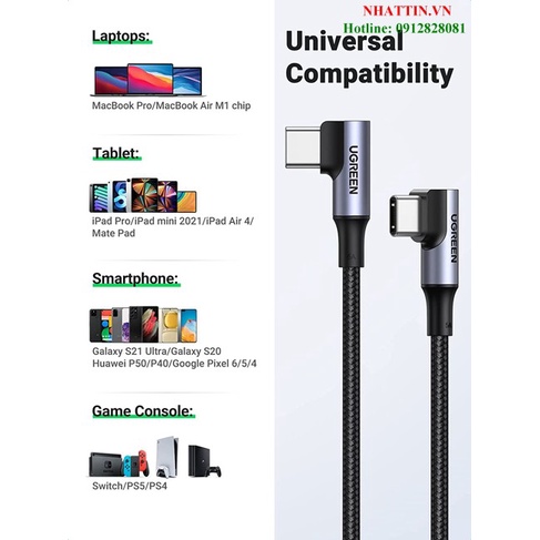 Cáp dữ liệu, sạc nhanh 100W USB 2.0 Type-C to Type-C bẻ góc 2 đầu 90 độ L dài 1M Ugreen 70696 cao cấp