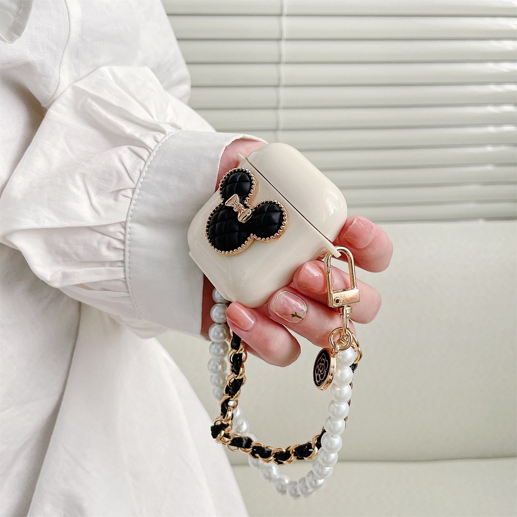 Vỏ Bảo Vệ Hộp Sạc Tai Nghe Bluetooth Không Dây airpods3/pro/ airpods1/2 Họa Tiết Chuột Mickey Màu Đen Đính Ngọc Trai Dễ Thương DIY
