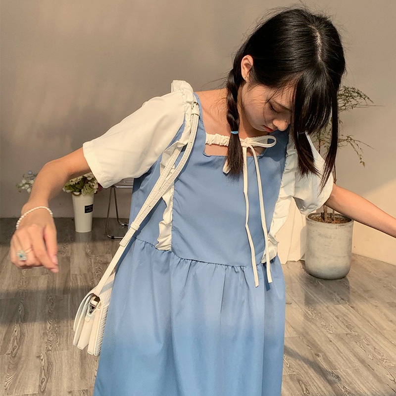 Đầm dài XINLANYASHE cổ vuông ghép nối viền màu thời trang mùa hè dành cho nữ váy thiết kế tay bồng