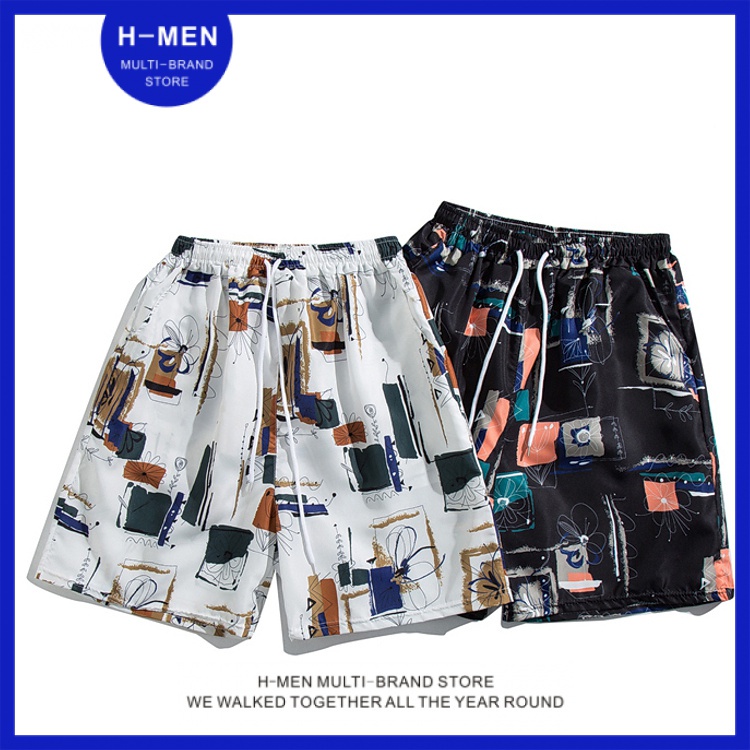 Quần Short Thể Thao Đi Biển Dáng Rộng Lưng Thun Cột Dây In Họa Tiết Có Size Lớn Cho Nam