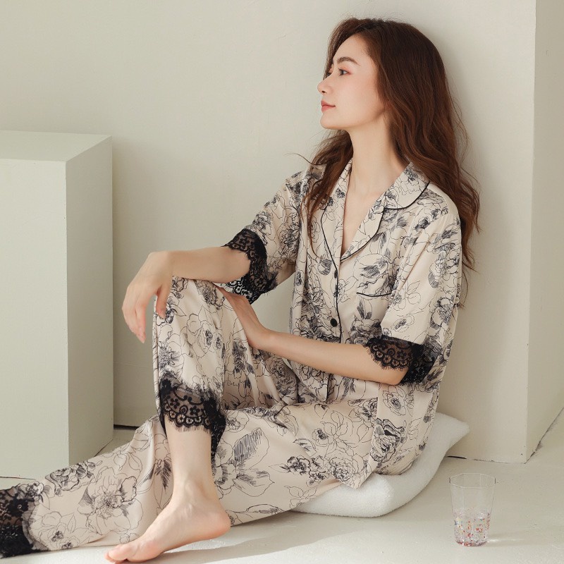 ANF8267 Bộ pyjama nữ ngắn tay phối ren chất lụa hàng nhập